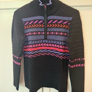 Krimson Klover Black Half-Zip ski Sweater with Pink, Purple Geometric Stripes